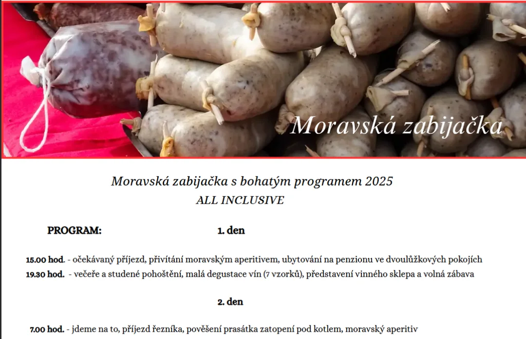 Fragment czeskiej oferty pobytu połączonego z morawskim świniobiciem; program przewiduje przyjazd rzeźnika.